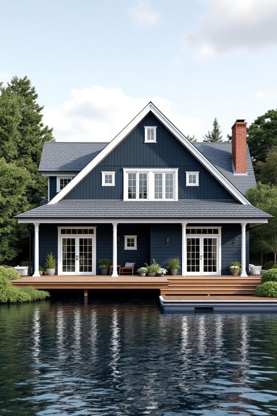 Charming blue house with a wooden deck by a lake