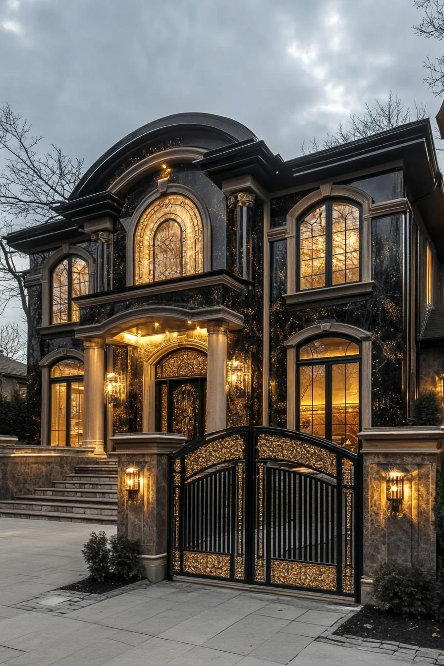 Opulent black mansion with golden accents and intricate details