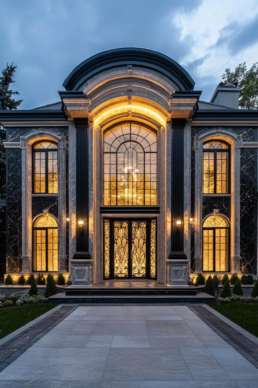 Illuminated luxury mansion with grand windows and opulent design