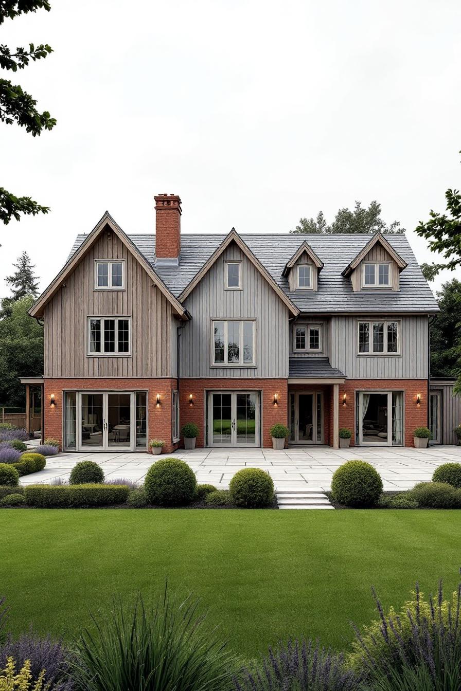 Charming house with red brick and timber facade, surrounded by manicured hedges