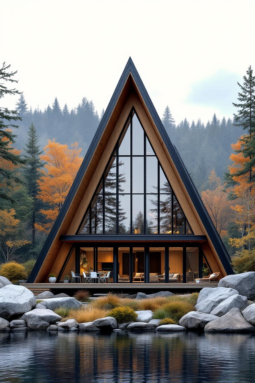 A-frame house with glass front by a serene lake