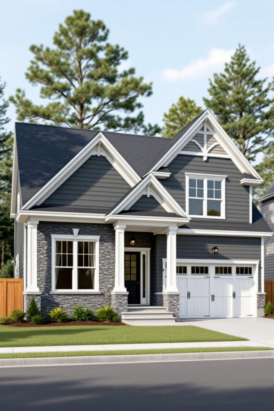 Two-story Craftsman house with gray siding and stonework