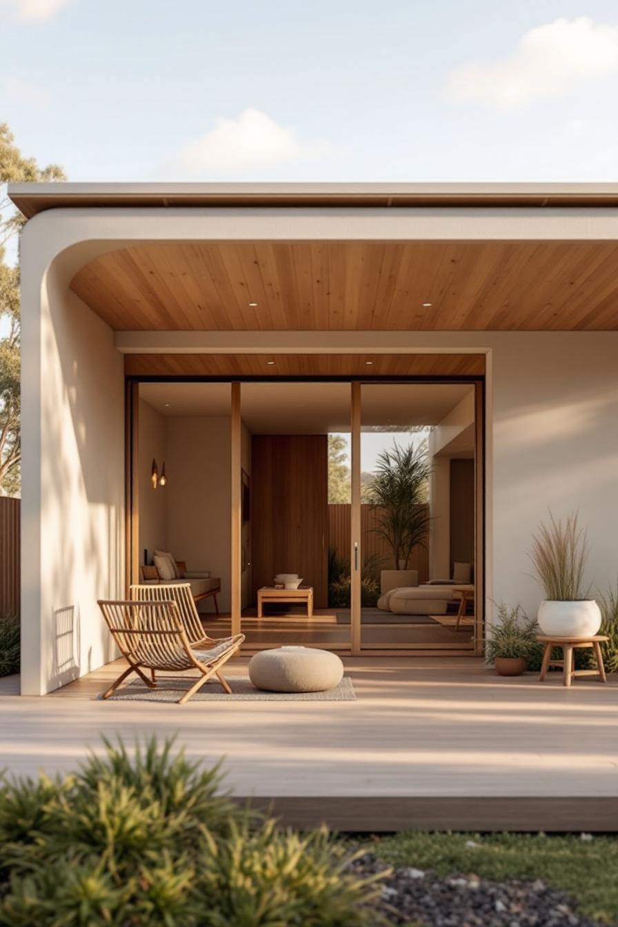 Modern country house with wooden deck and glass doors