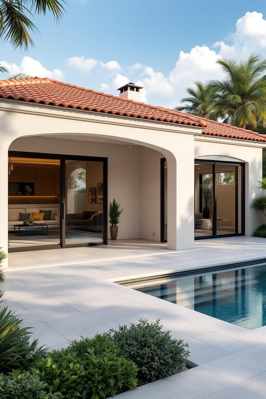 Californian bungalow with arched designs and poolside view