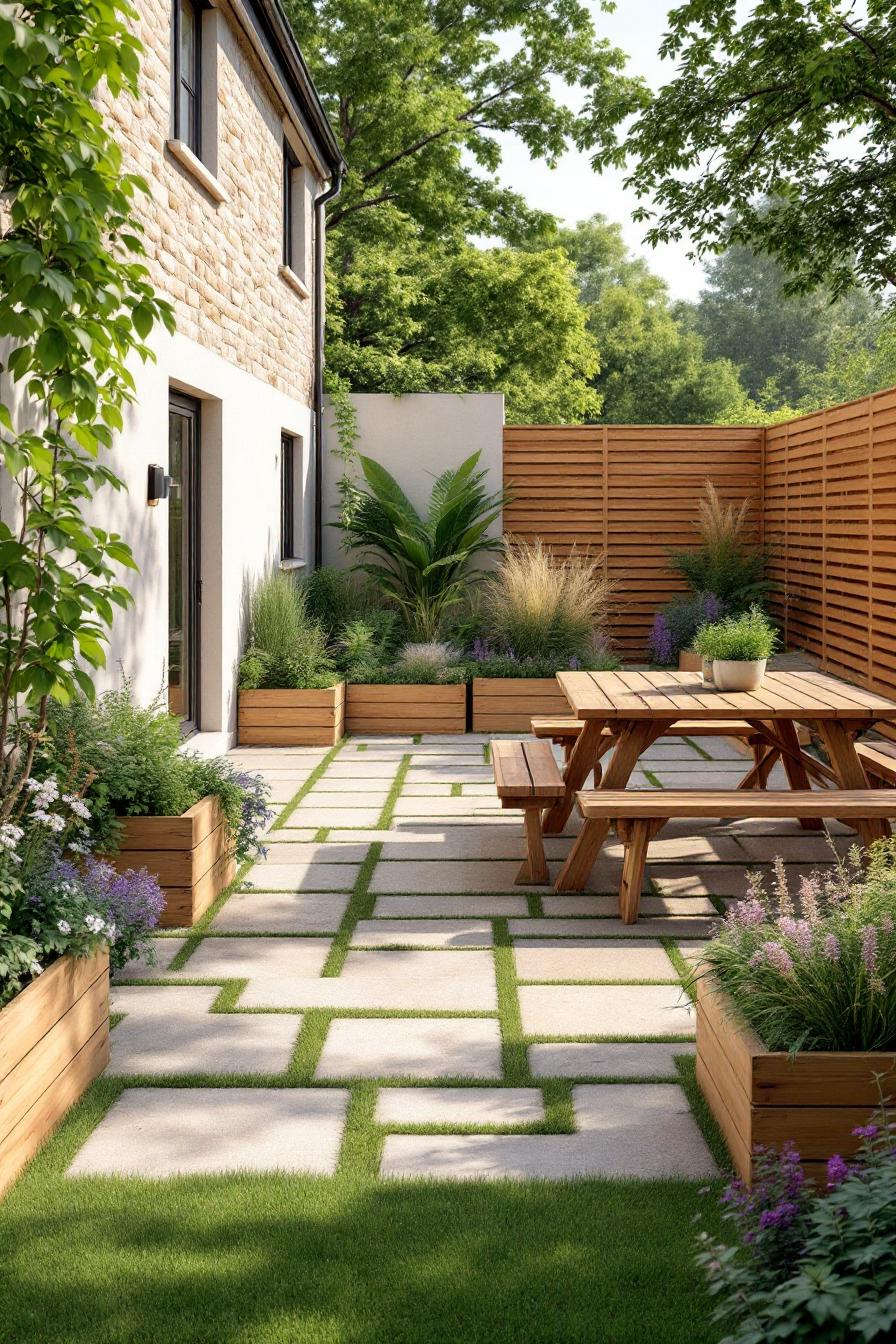 English courtyard with stone house and lush greenery