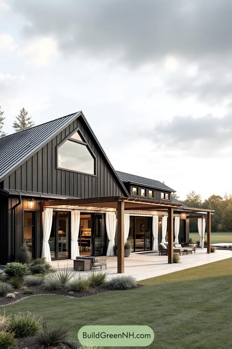 Modern barn-style home with porch and curtains