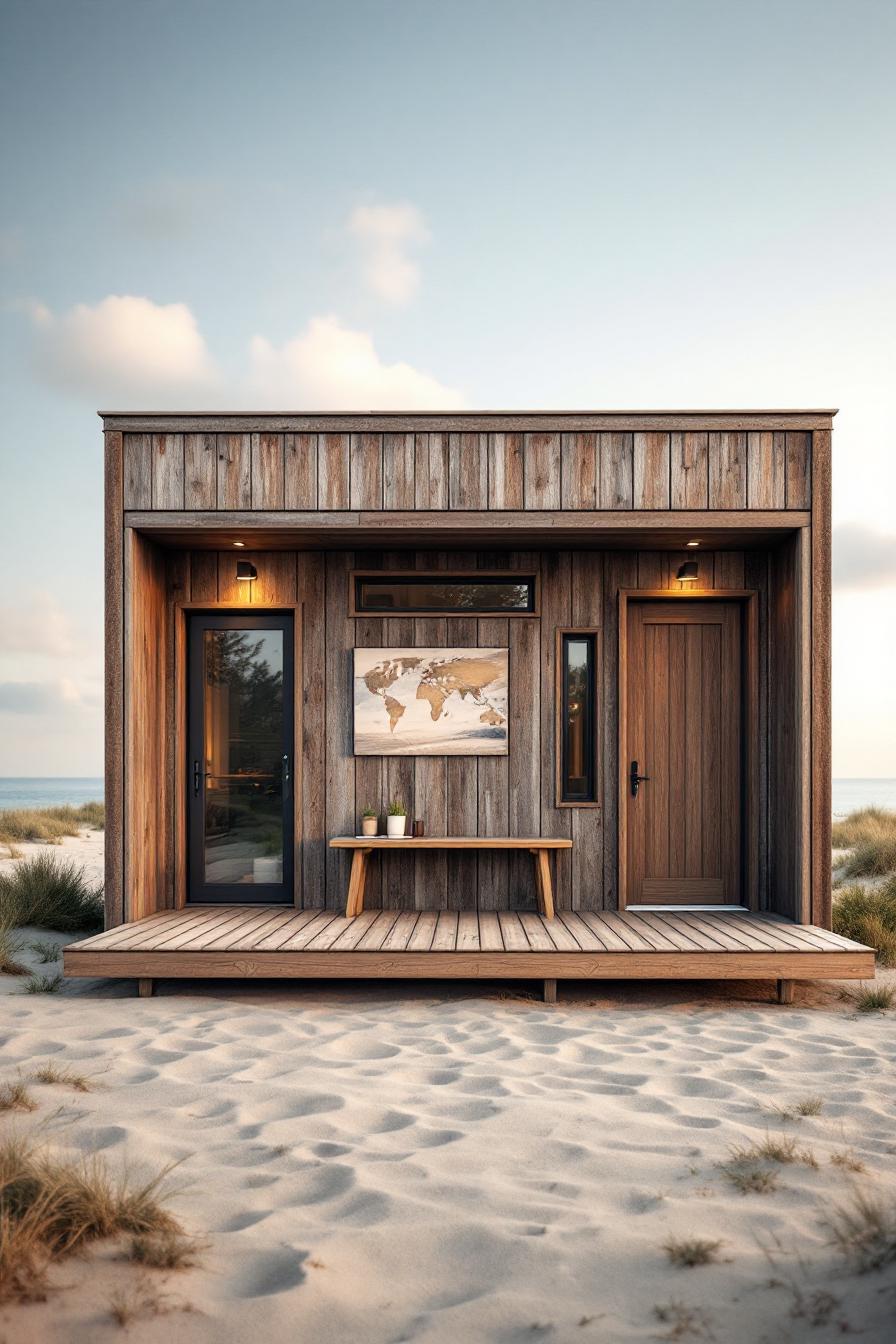 Small beach shack with wooden paneling and a porch