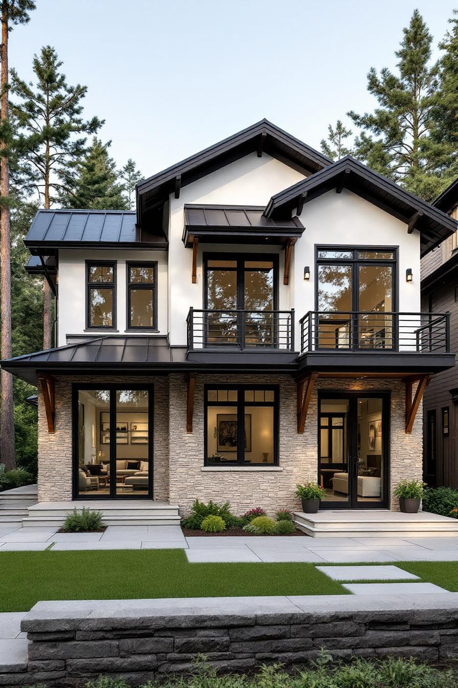 Contemporary craftsman home with stone and black metal accents