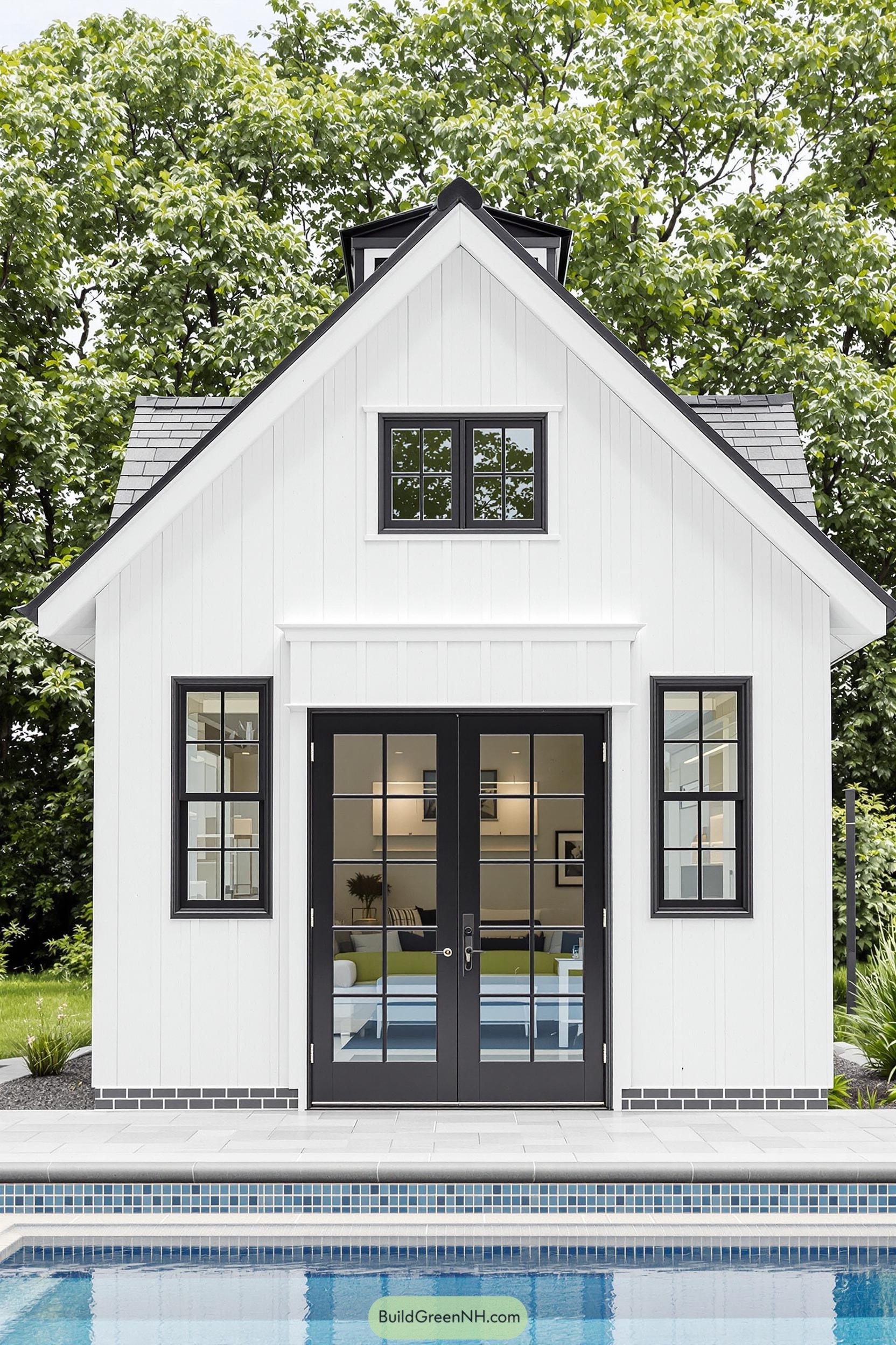 Compact white guest house with black trim beside a swimming pool