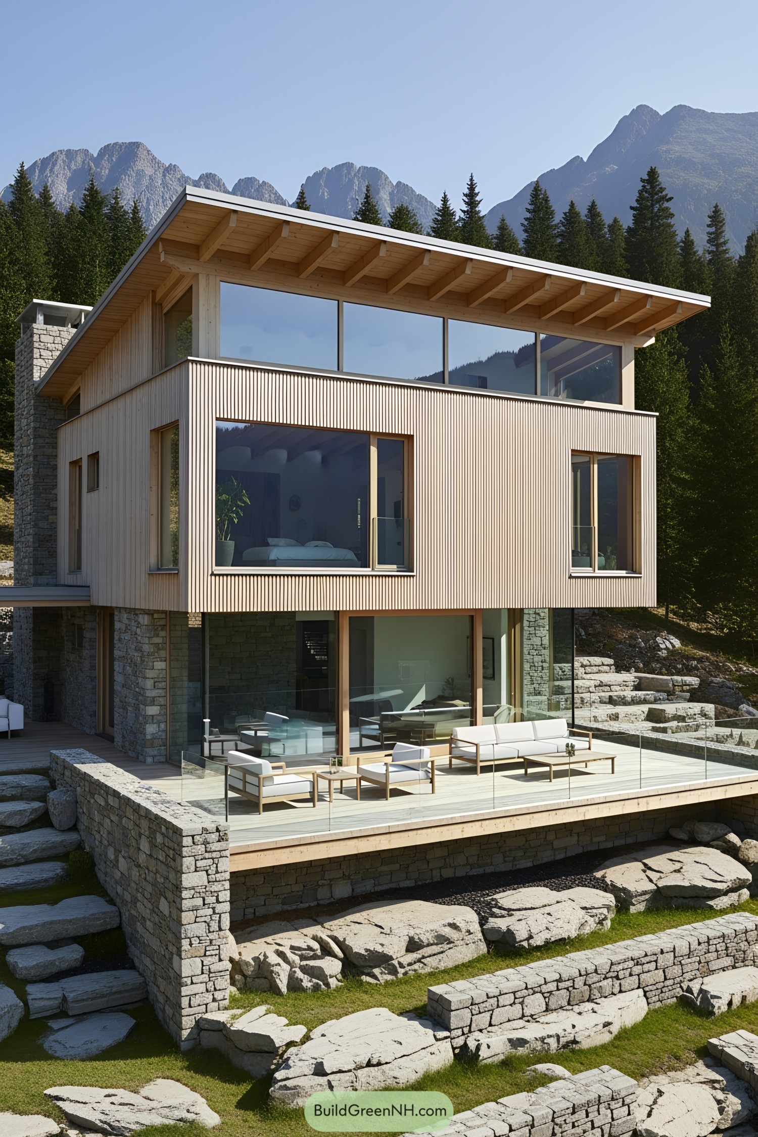 Wooden and stone mountain villa with modern design