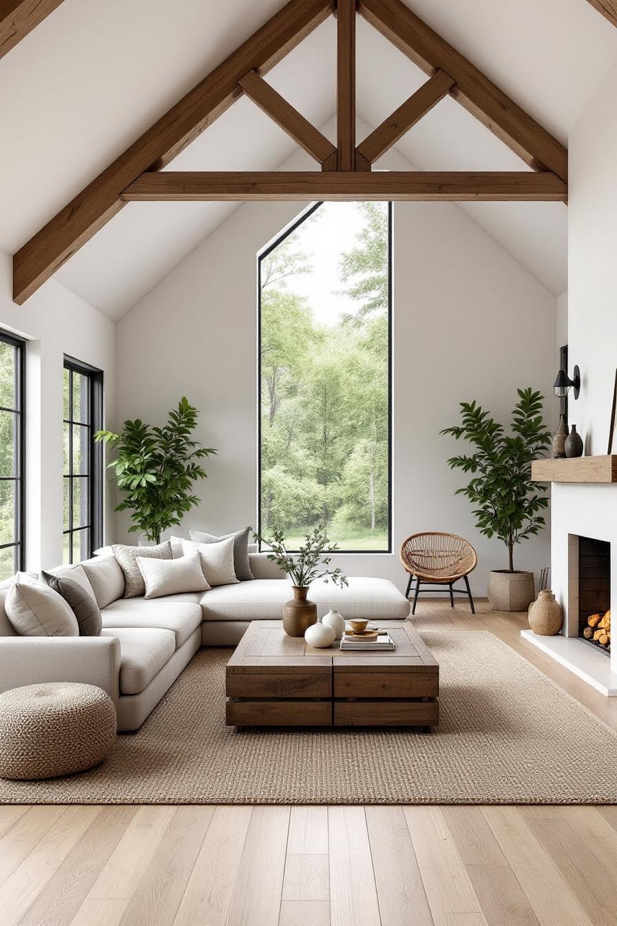 Bright farmhouse living room with large window and natural light