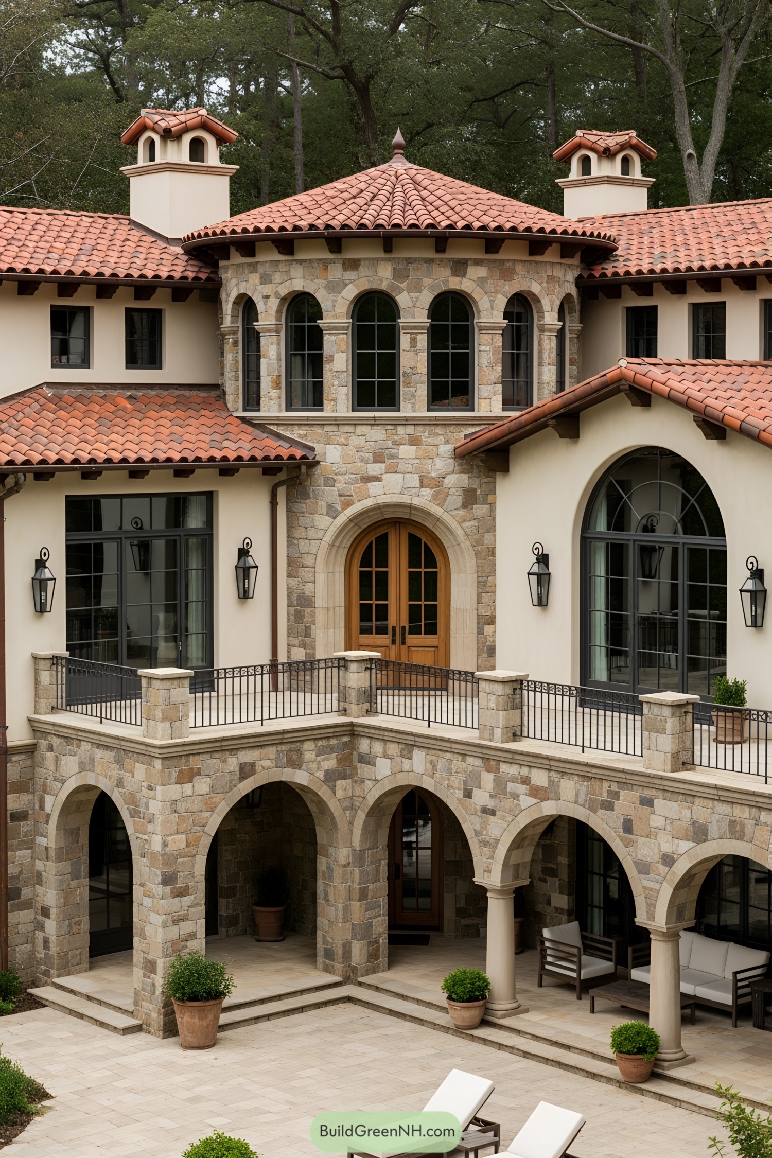 Stately Mediterranean home with red-tiled roof and stone arches