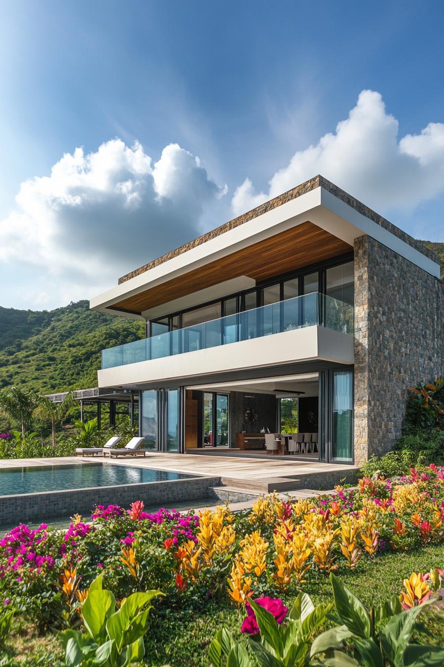 Modern villa with large windows and colorful garden