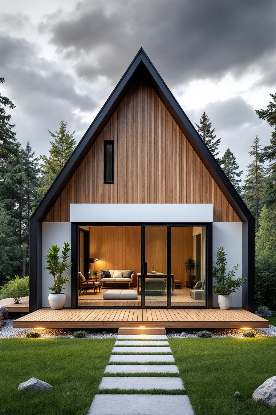 Compact wooden house with a triangular roof amidst trees