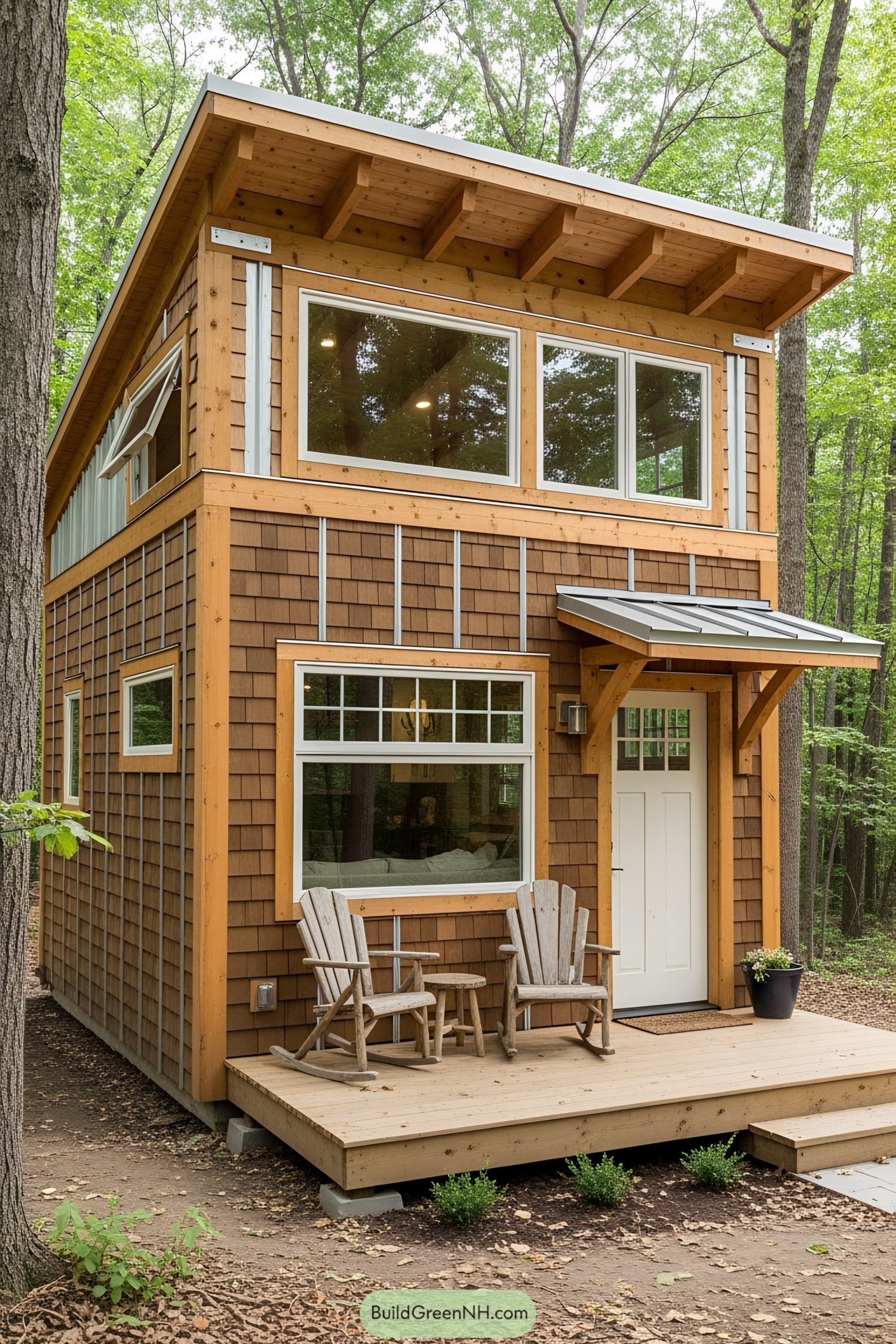 Compact wooden house in the forest with a small porch and chairs