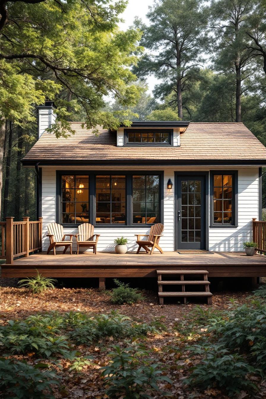Cozy cottage with wooden deck in a forest setting