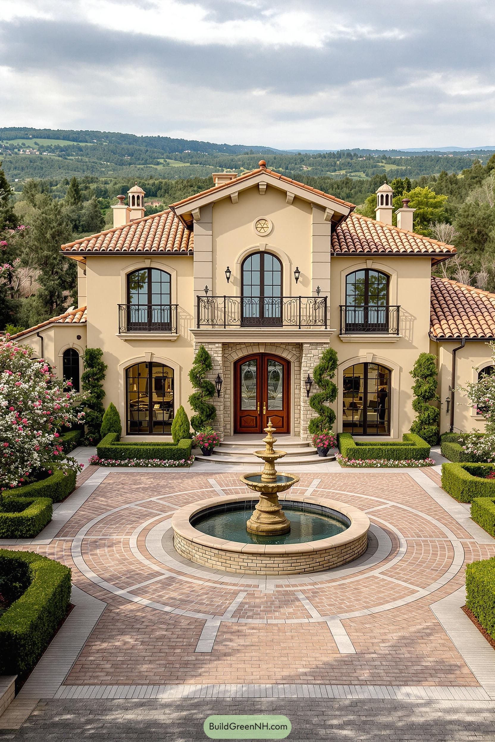 Tuscan mansion with a fountain and scenic view