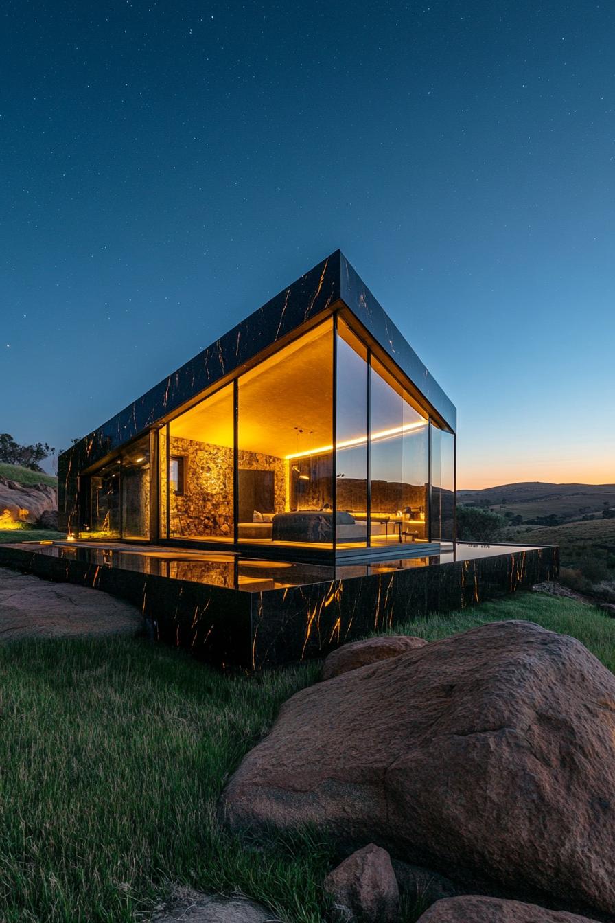 Modern glass cabin illuminated at night