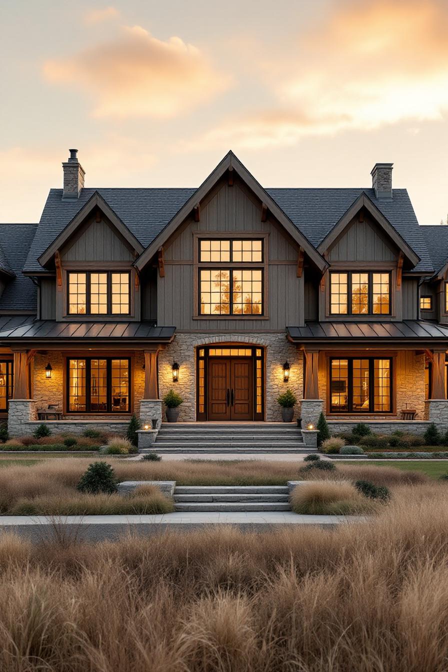 Large country house with lit windows and stone steps
