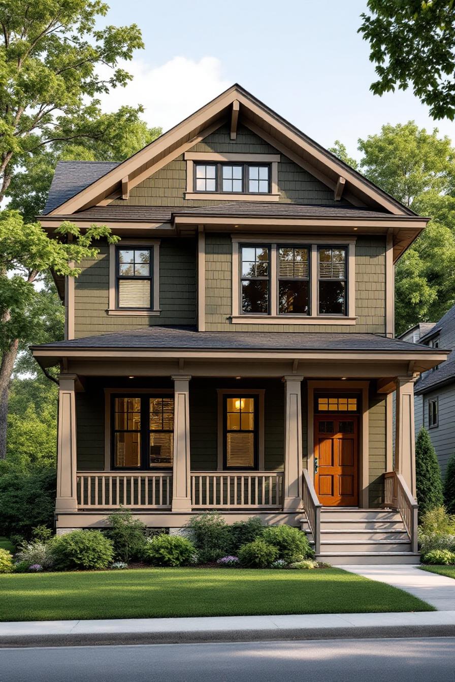 An inviting, green craftsman house with a wooden porch