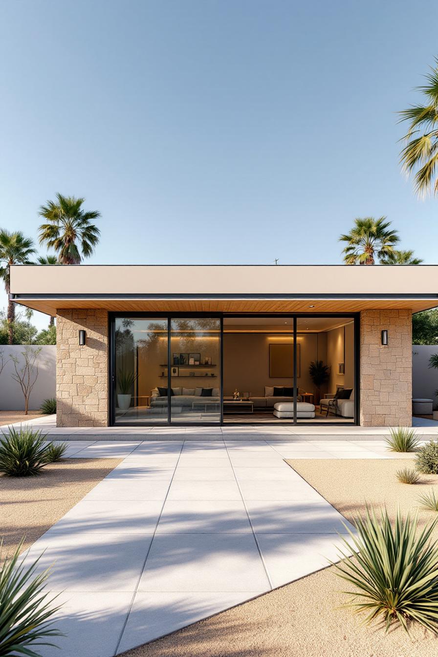 Contemporary single-story home with palm trees and large glass doors