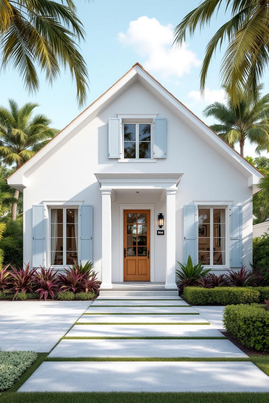 Cozy white cottage with blue shutters