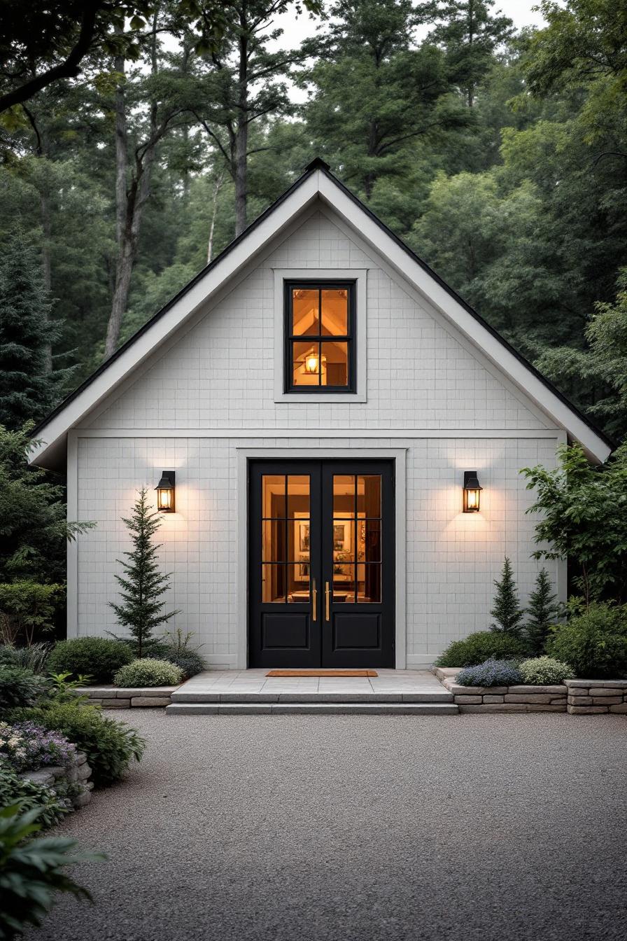 Small white cabin with a black door, nestled in lush greenery