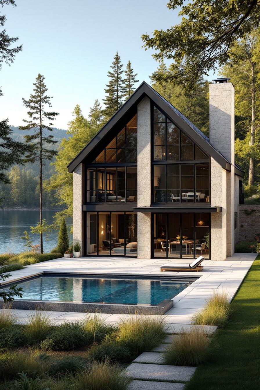 A stunning modern lake house with a pool and large windows