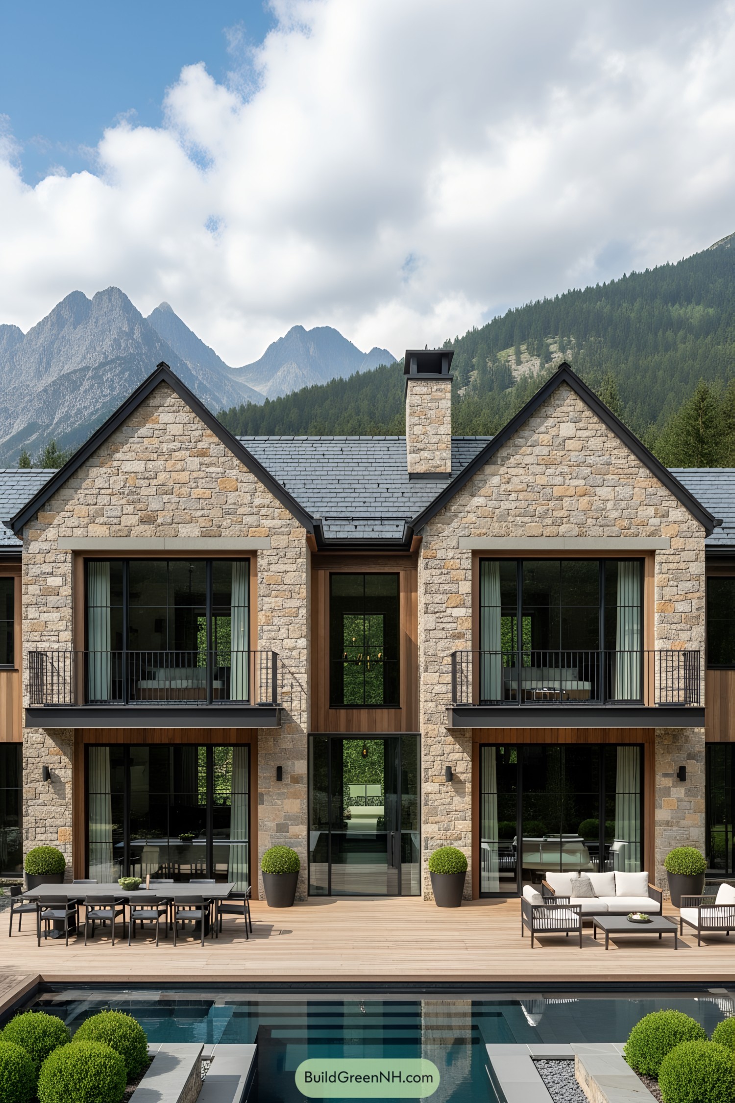 Stone villa nestled in the mountains with a stylish patio