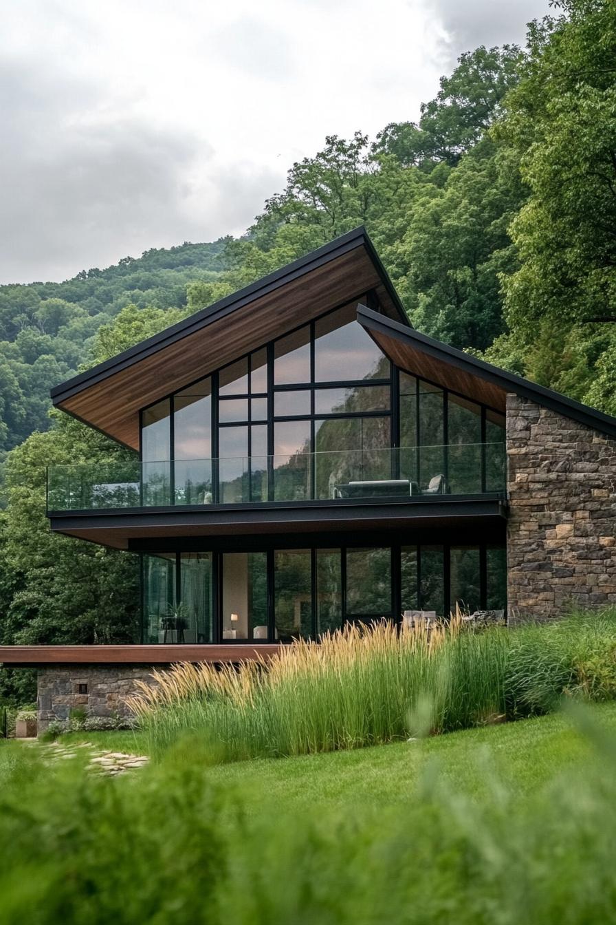 A modern house with large glass windows and a stone wall surrounded by greenery