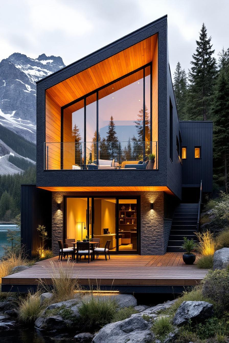 Contemporary house with large glass windows by a river