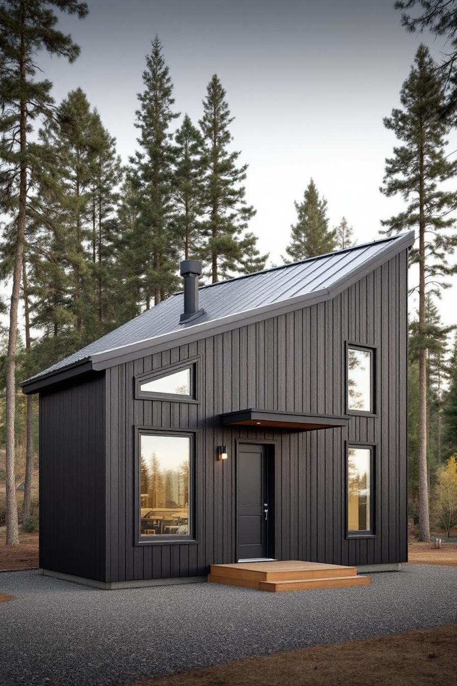Sleek black barndominium with a slanted roof in a forest setting