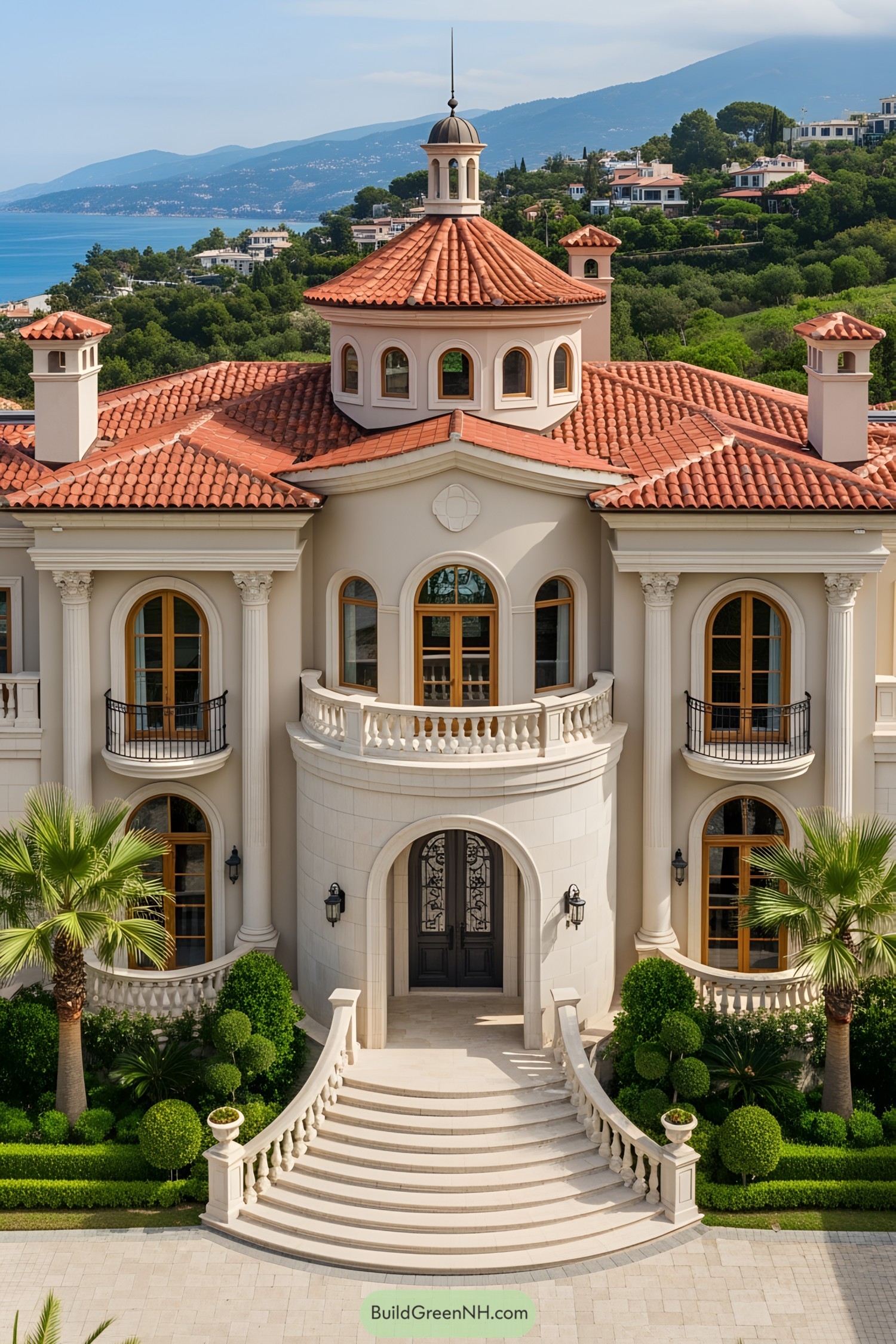 Luxurious Mediterranean-style home with terracotta roof and grand entrance