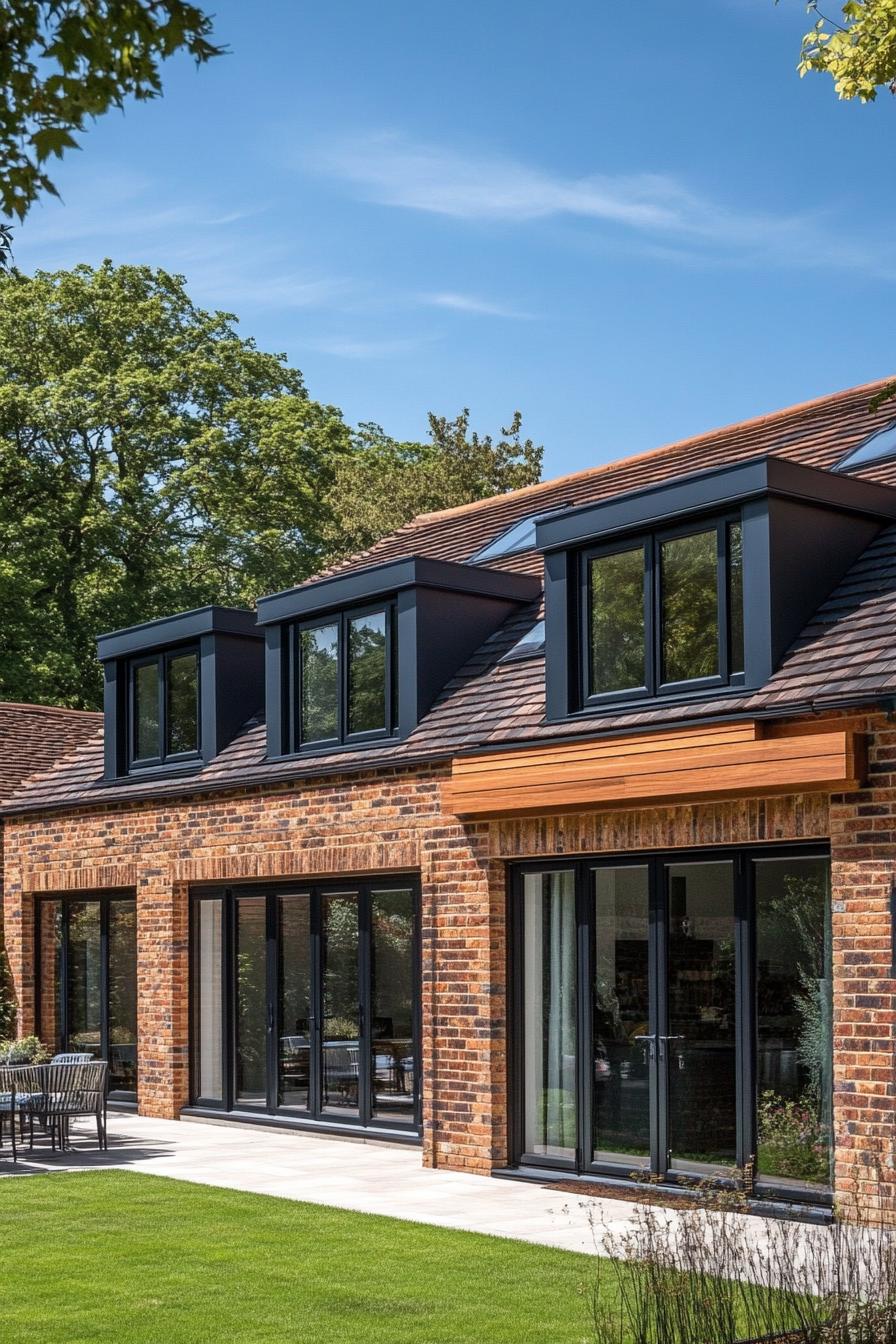 Modern brick dormer with large windows and lush garden