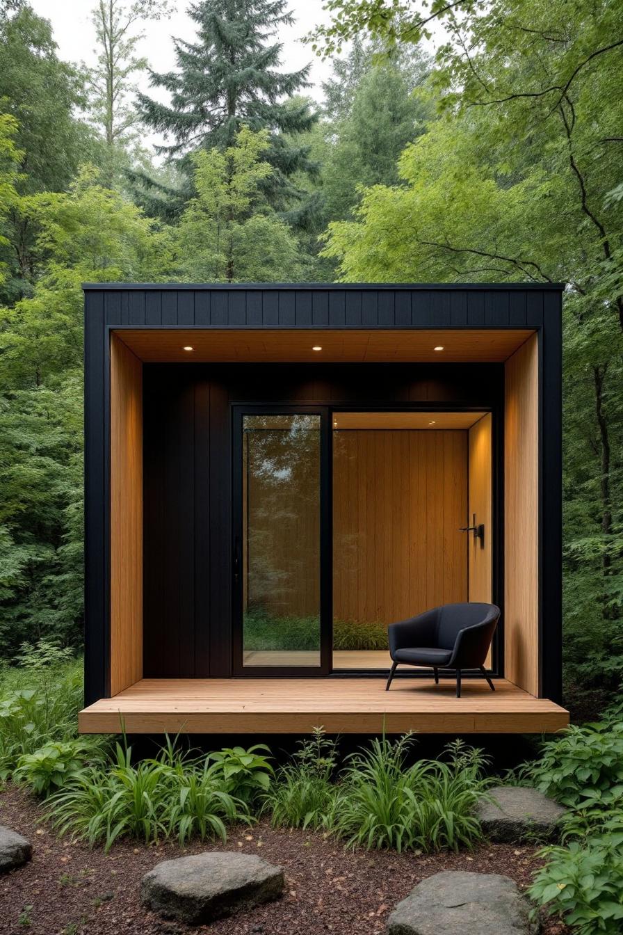 Small cabin with black and wooden exterior surrounded by lush greenery