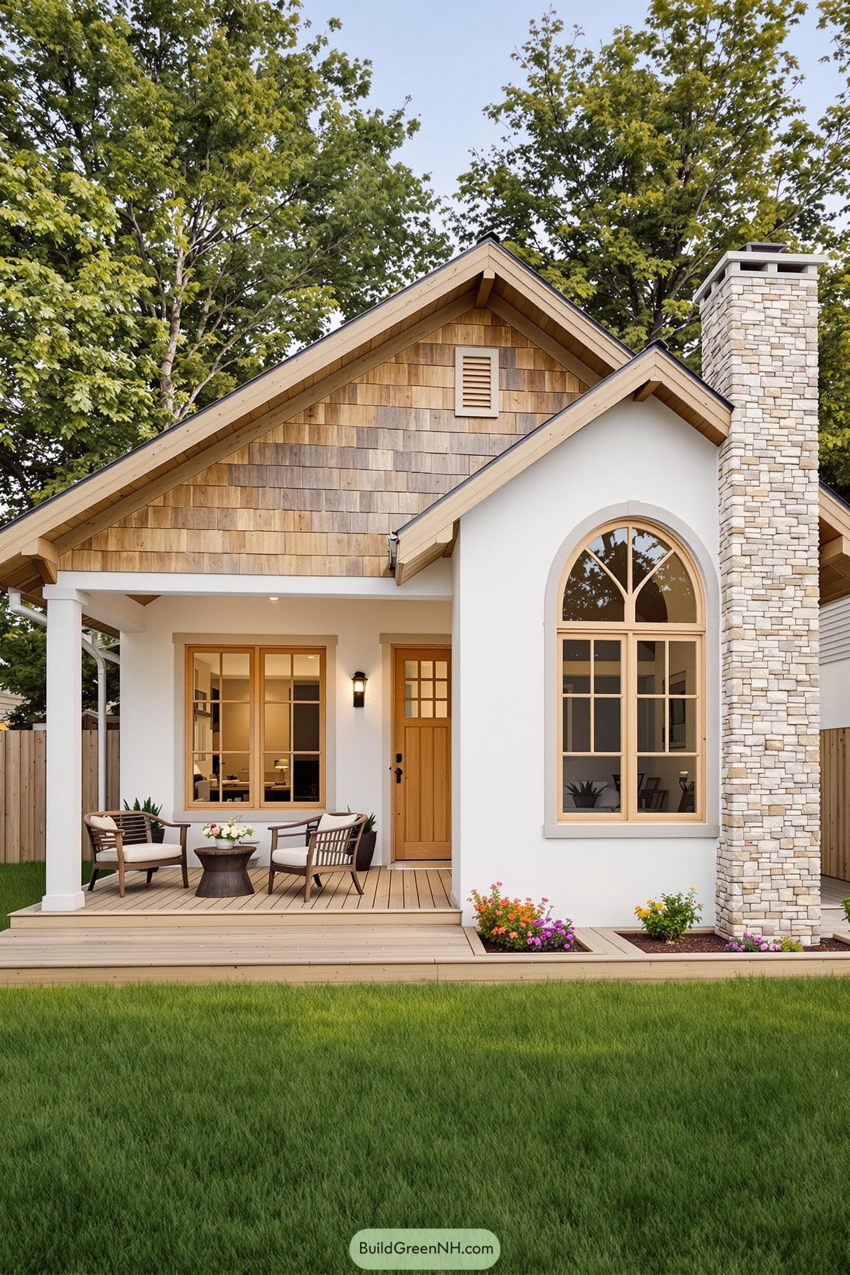 Small bungalow with wood and stone exterior