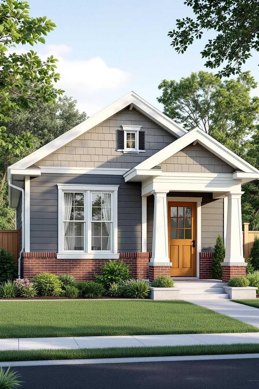 Front of a small Craftsman bungalow with a wooden door and columns