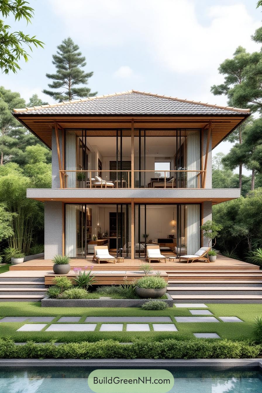 Modern tropical house with large windows and a lush garden