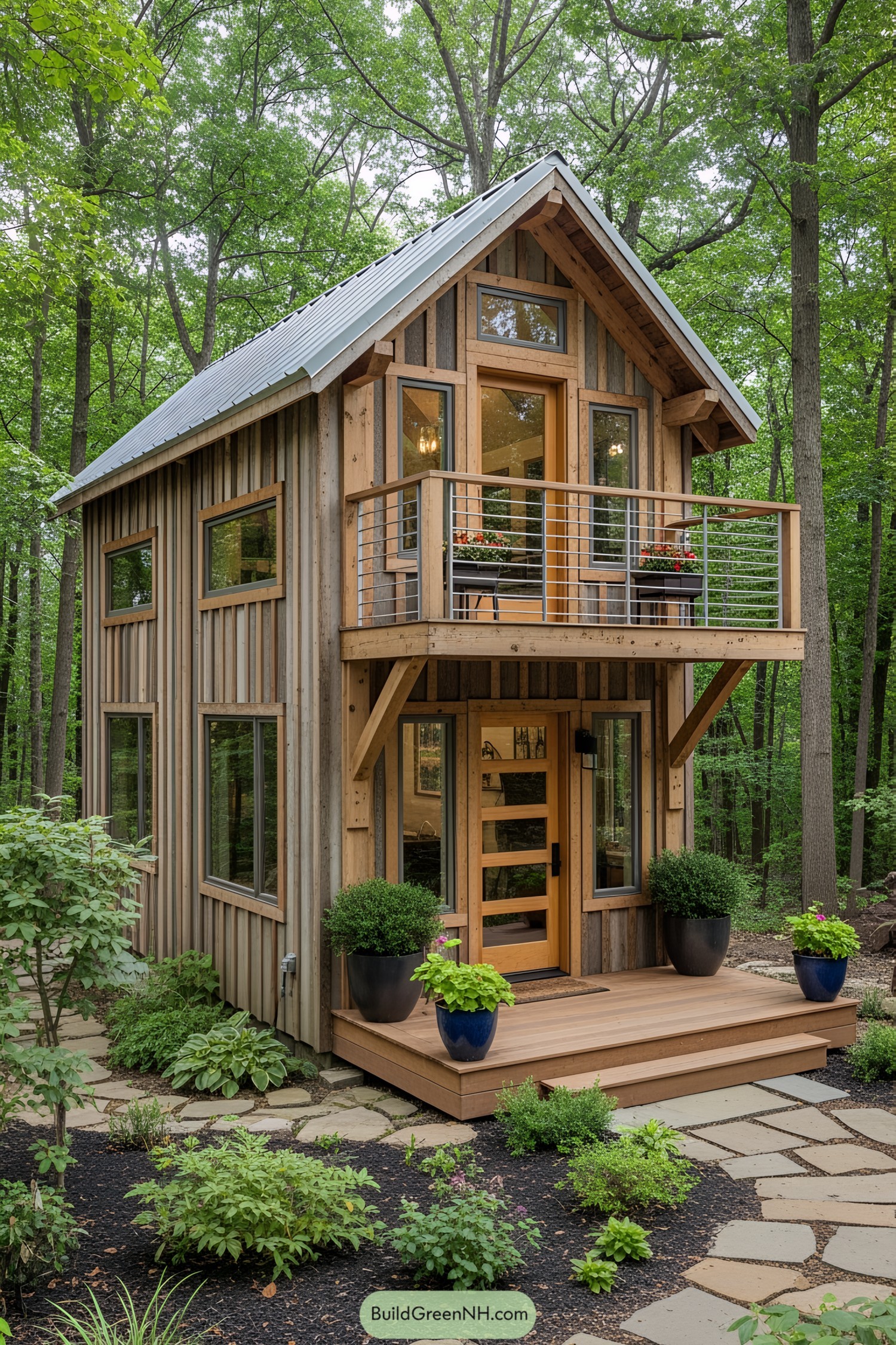 A charming tiny house with a balcony surrounded by woods