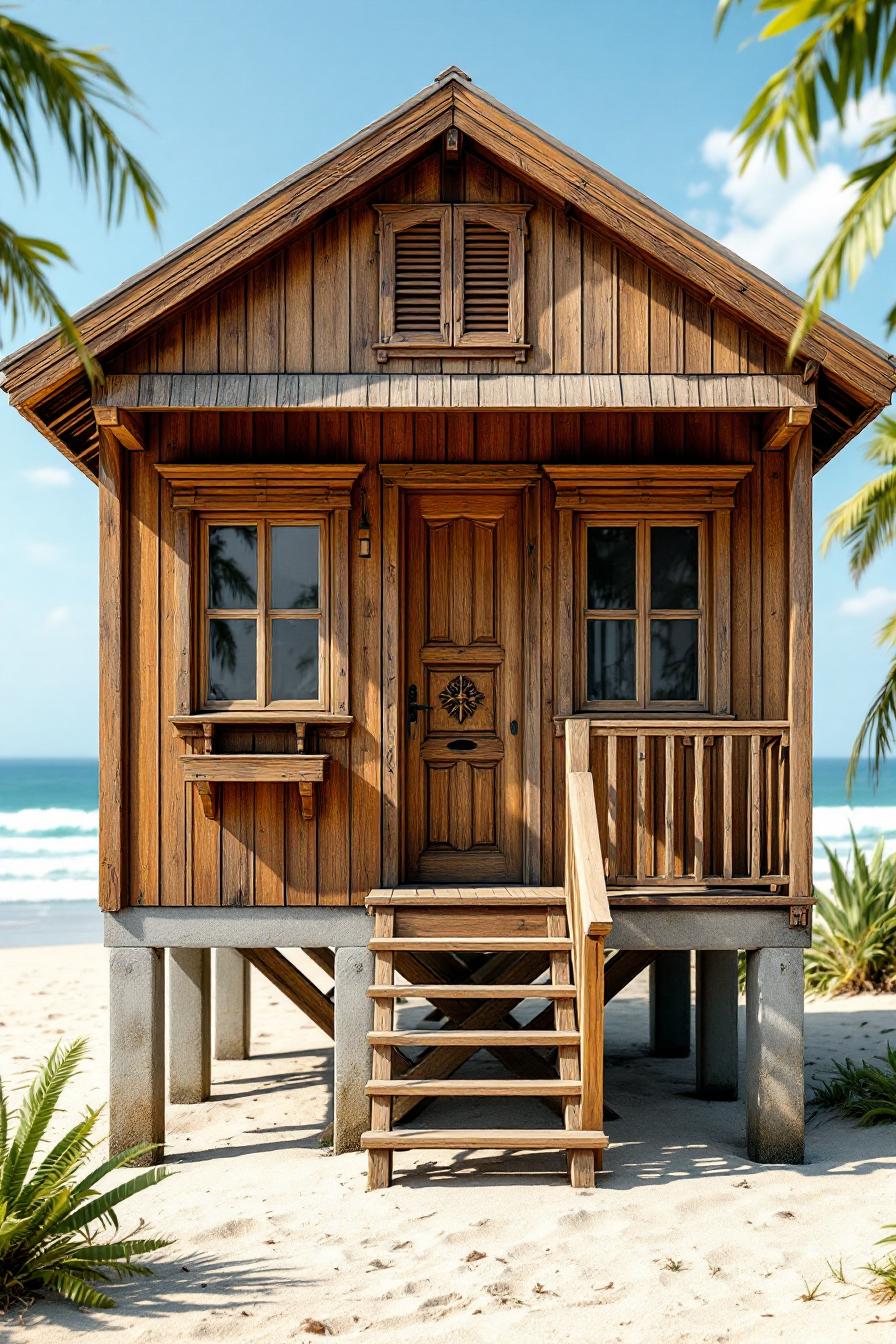 Cozy wooden beach shack with stairs, surrounded by sand and ocean