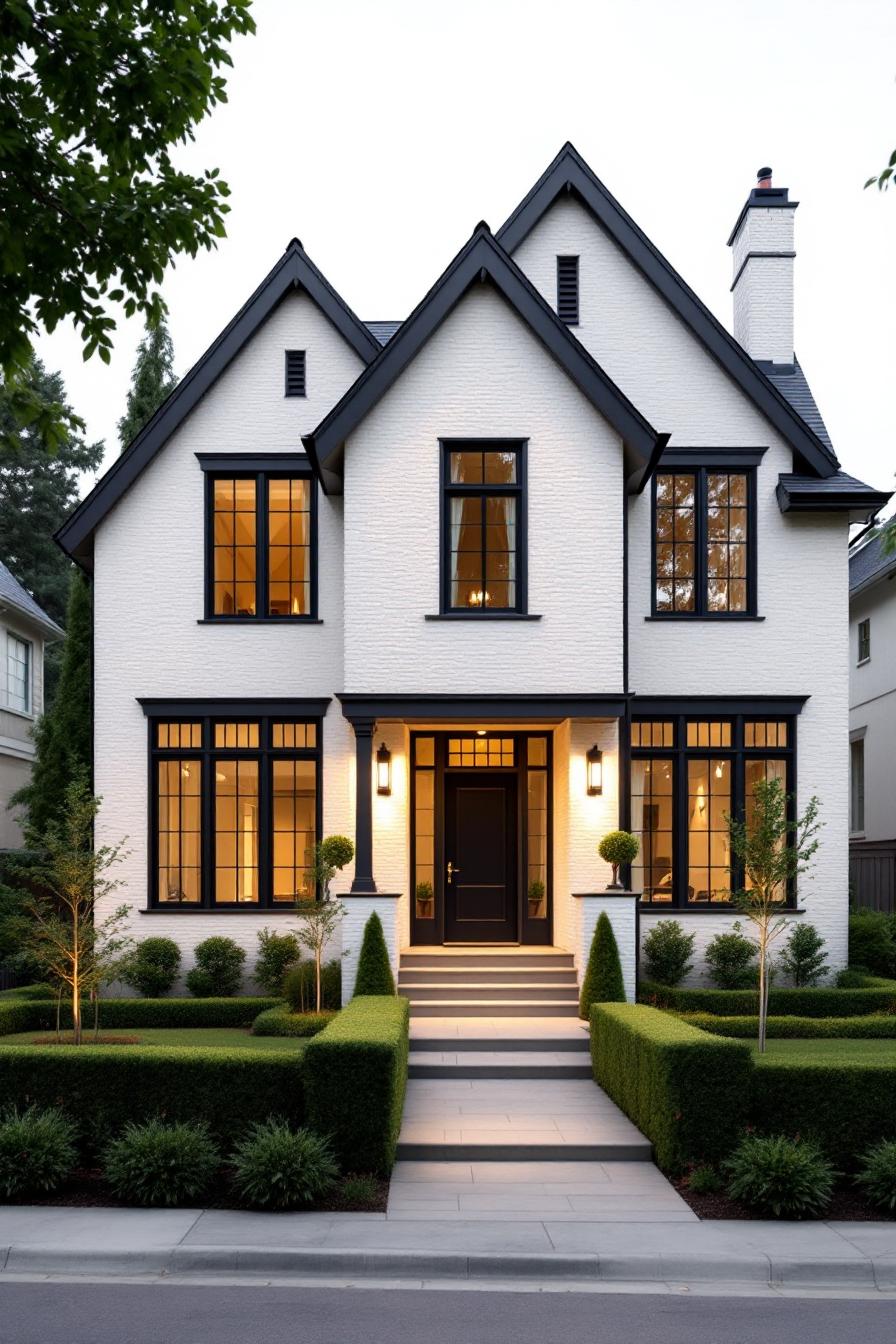 Bright white cottage with tall black-trimmed windows and neatly manicured hedges