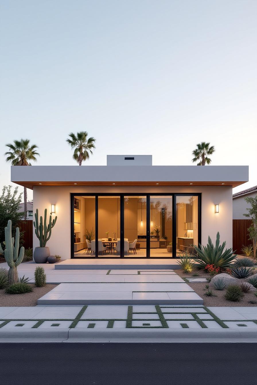 A modern bungalow with large glass doors and desert landscaping