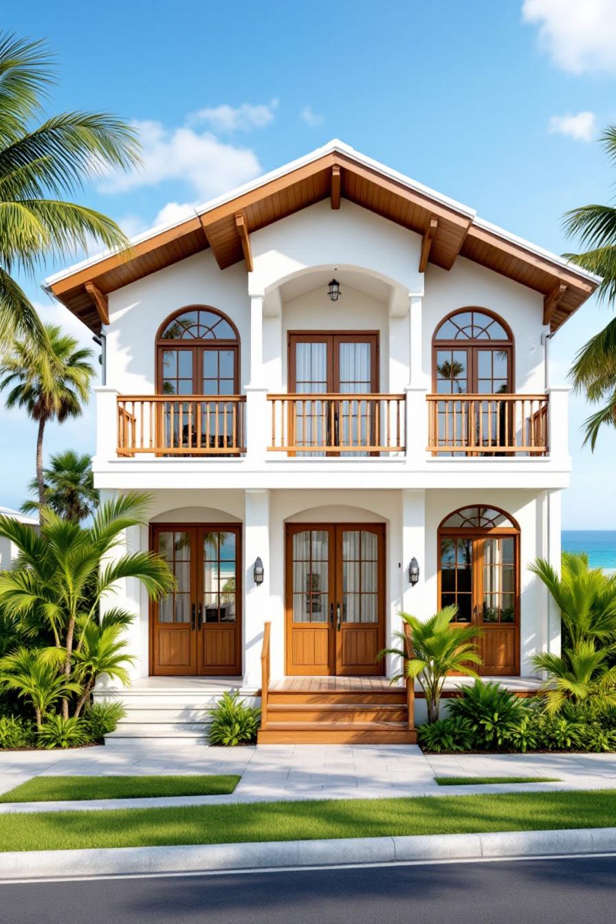 White wooden cottage with arched windows and tropical plants