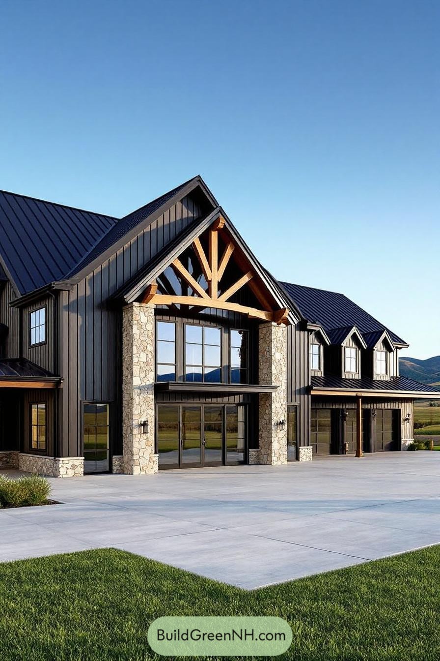 Sleek barndominium with a charming shop