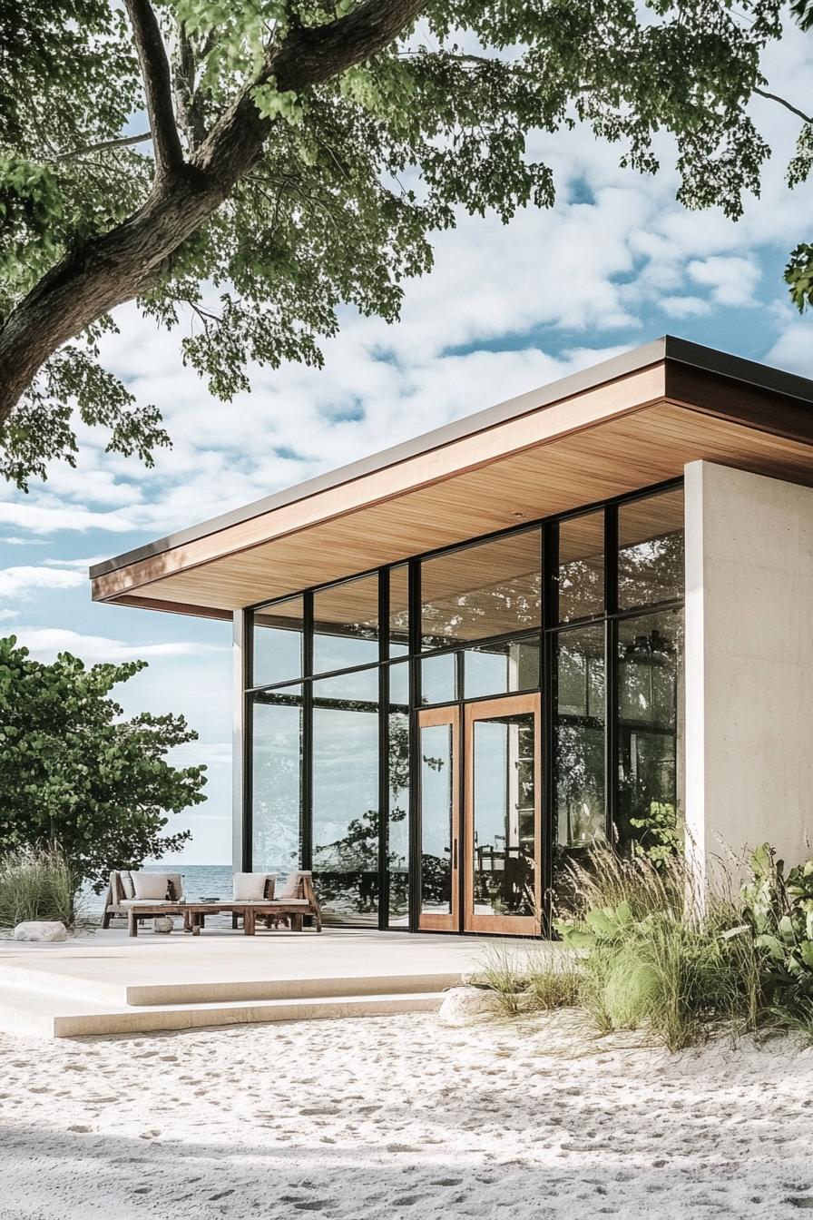 Beachfront cabin with large glass windows and wooden deck