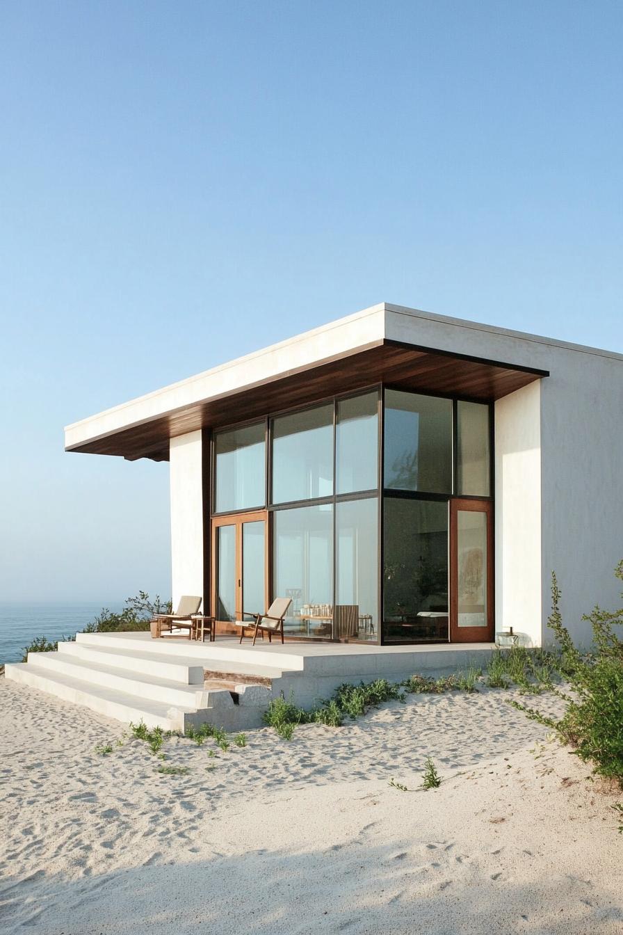 Contemporary beach house with large glass windows facing the ocean