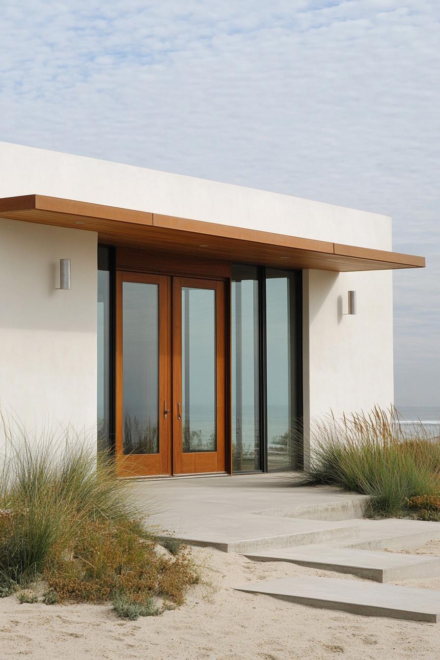 Modern beach shack with wooden doors and glass panels