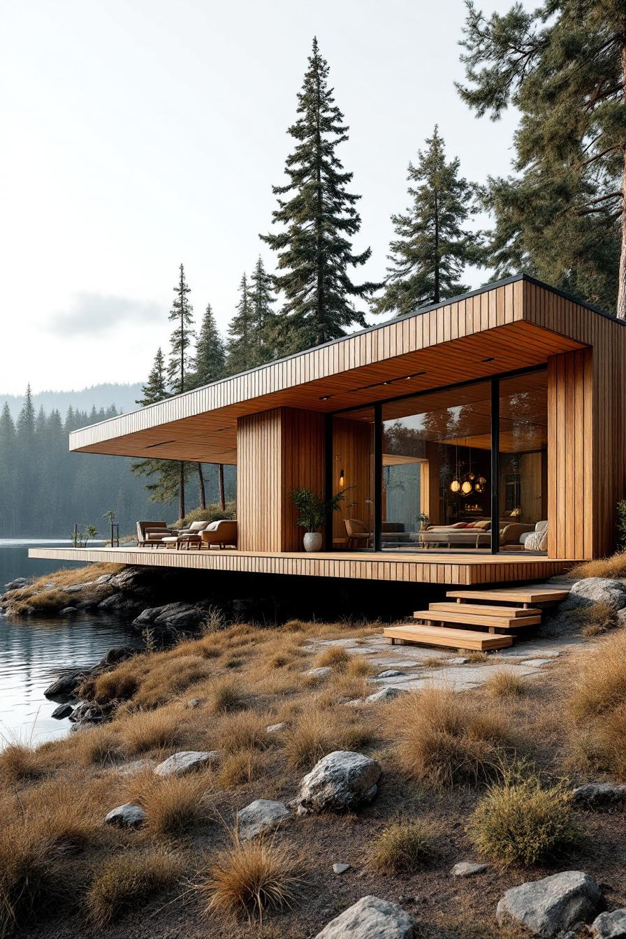 Modern wooden lake house with large glass windows