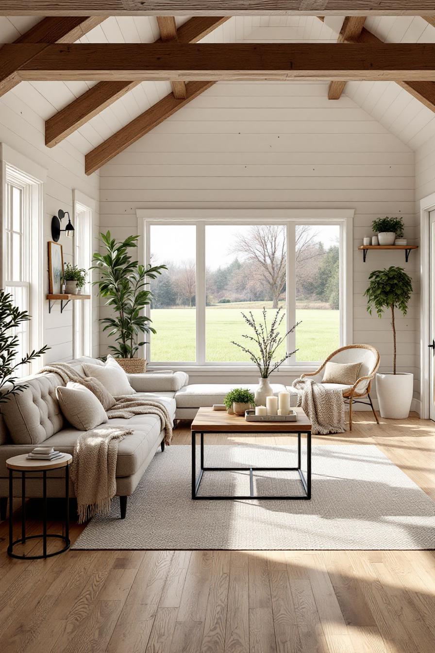 Bright farmhouse living room with rustic beams and cozy seating