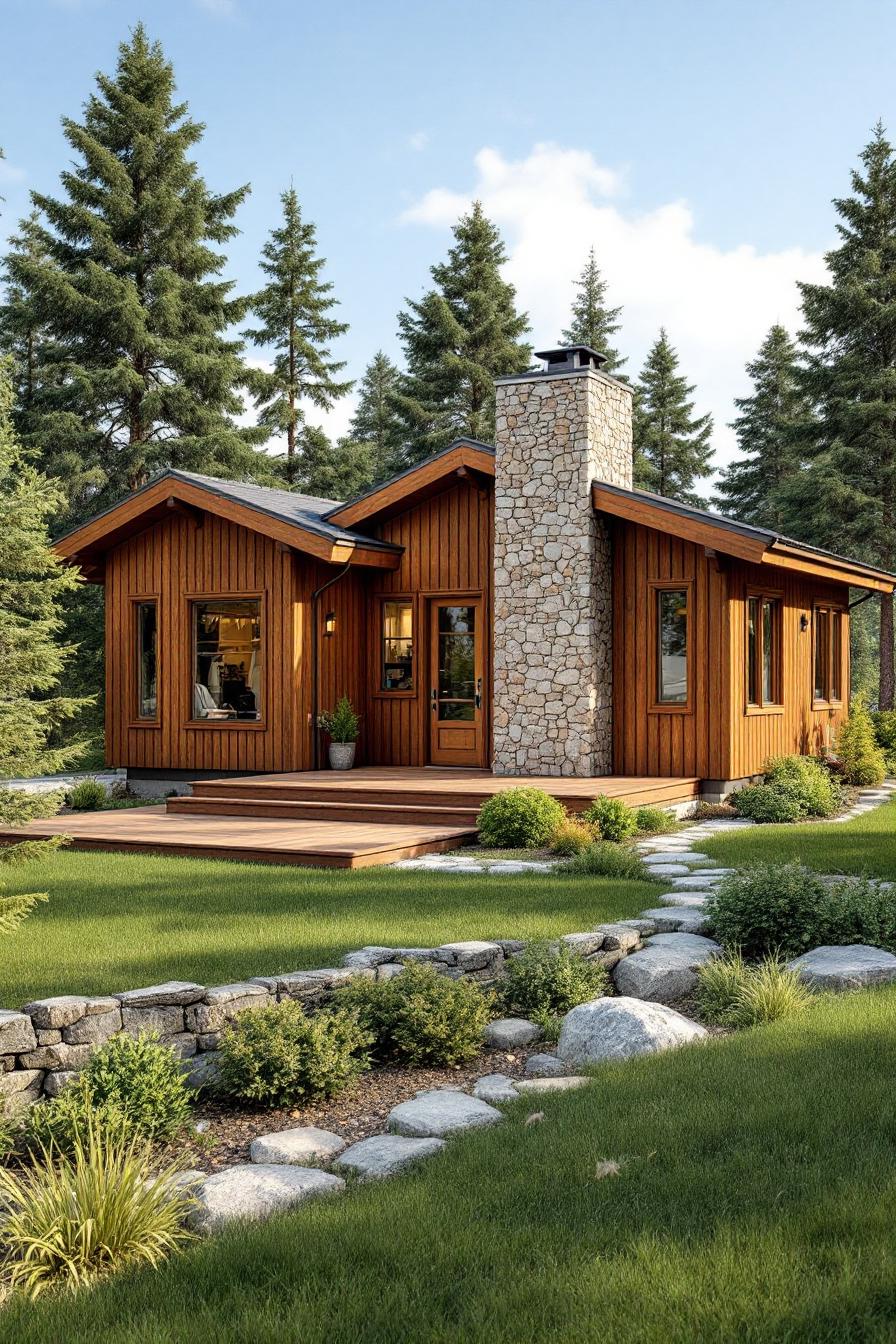 Wooden cabin with a stone chimney in a lush, green setting